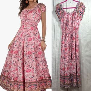 OSTOO Pink Floral Boho Maxi Dress Short Sleeve Smocked Waist Peasant Cottagecore